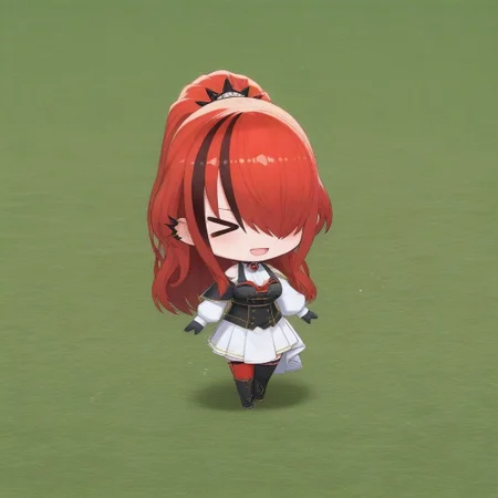 best quality,masterpiece,chibi,chibi only,
1girl,niji-lain,large breasts,grey eye,red hair,black hair,streaked hair,hair over one eye,ear piercing,long hair,ponytail,niji-laincos2,white shirt,black vest,crop rop vest,black corset,white sleeves,long sleeves,puffy sleeves,single bare shoulder,single capelet,aiguillette,brooch,jewelry,black gloves,white skirt,asymmetrical skirt,one side long skirt,asymmetrical legwear,mismatched legwear,red thighhigh,black thighhigh,
smile,>_<,open mouth,
grass,