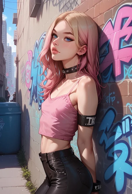 score_9, score_8_up, score_7_up, score_6_up, Keith, KeithRH, realistic, nordic girl, very pale skin, long blonde hair, gradient pink hair, parted bangs, blue eyes, slim, small breasts, almost flat chest, perfect ass, wearing pink cropped camisole, black leather pants, spiky armbands, chocker, goth attire, nipple peek, urban scenario, outdoor, wall, graffiti, arched back, face closeup, downblouse, bare arms, detailed eyes
