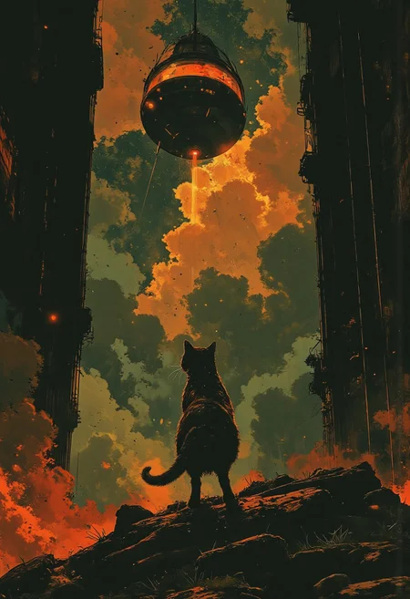 a kitty sitting on the surface of Venus. Looking up at Saturn and its rings in the distance