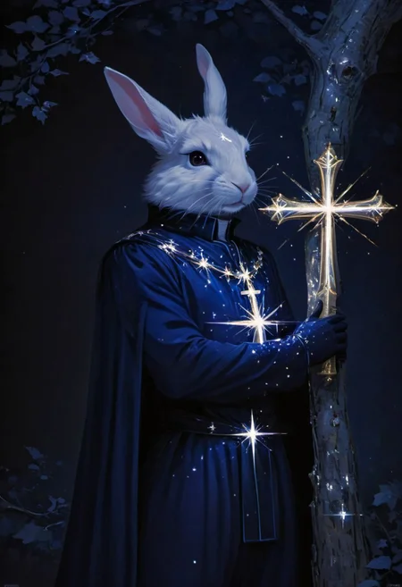 (An devil rabbit), red slit pupil, (in navy blue european prince style palace clothes medieval:1.9), stretches from a birch tree trunk, (hold up a giant holy cross:1.8), against a soft-focus black background, (detailed claw),AR71B, (aaar7gl), (sparkle:1.9), (night), (very dark environment:1.5), moon, (gleam:1.8), painting, drawing, 8k uhd, dslr, soft lighting, best quality, film grain, masterpiece, aesthetic, animal focus, no human,