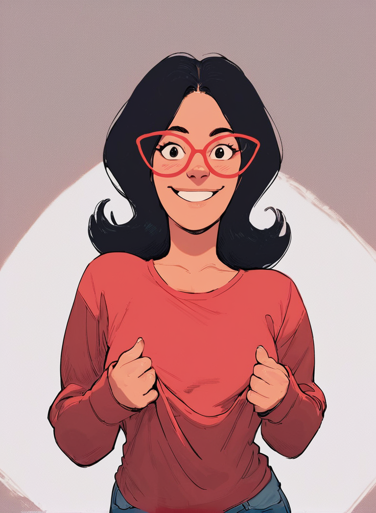 <lora:LindaPony1.0:0.65> linda, 1girl, black hair, solo, glasses, red-framed eyewear, smile, red shirt, looking at viewer,upper body, jeans, clothes pull,  long sleeves, pants, score_9, score_8_up, score_7_up, score_6_up,looking at viewer,  zPDXLxxx