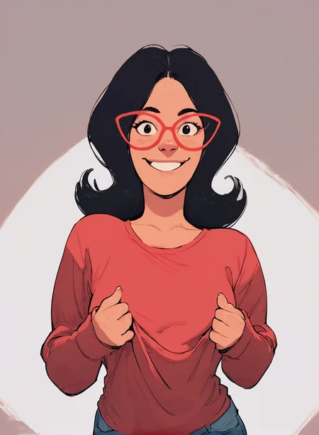 <lora:LindaPony1.0:0.65> linda, 1girl, black hair, solo, glasses, red-framed eyewear, smile, red shirt, looking at viewer,upper body, jeans, clothes pull, long sleeves, pants, score_9, score_8_up, score_7_up, score_6_up,looking at viewer, zPDXLxxx
