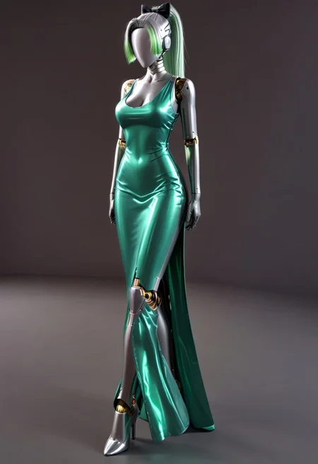 A full length 35mm photo of a beautiful 30-year-old woman, robotic, smooth metal skin, she is made of smooth matte silver metal, standing in a Scandinavian house, her torso has a serial number on it, metallic red hair in a ponytail, black bow in her hair, electronic green eyes with mechanical iris, her feet are made to look like silver metal high heel shoes, she is standing still, she is wearing a vibrant green evening gown, she is holding a green satin clutch, standing in a minimalist Scandinavian house
Robot girl, Android, mechanical limbs, robot joints, metal skin, no mouth, armor, no face, faceless, egghead