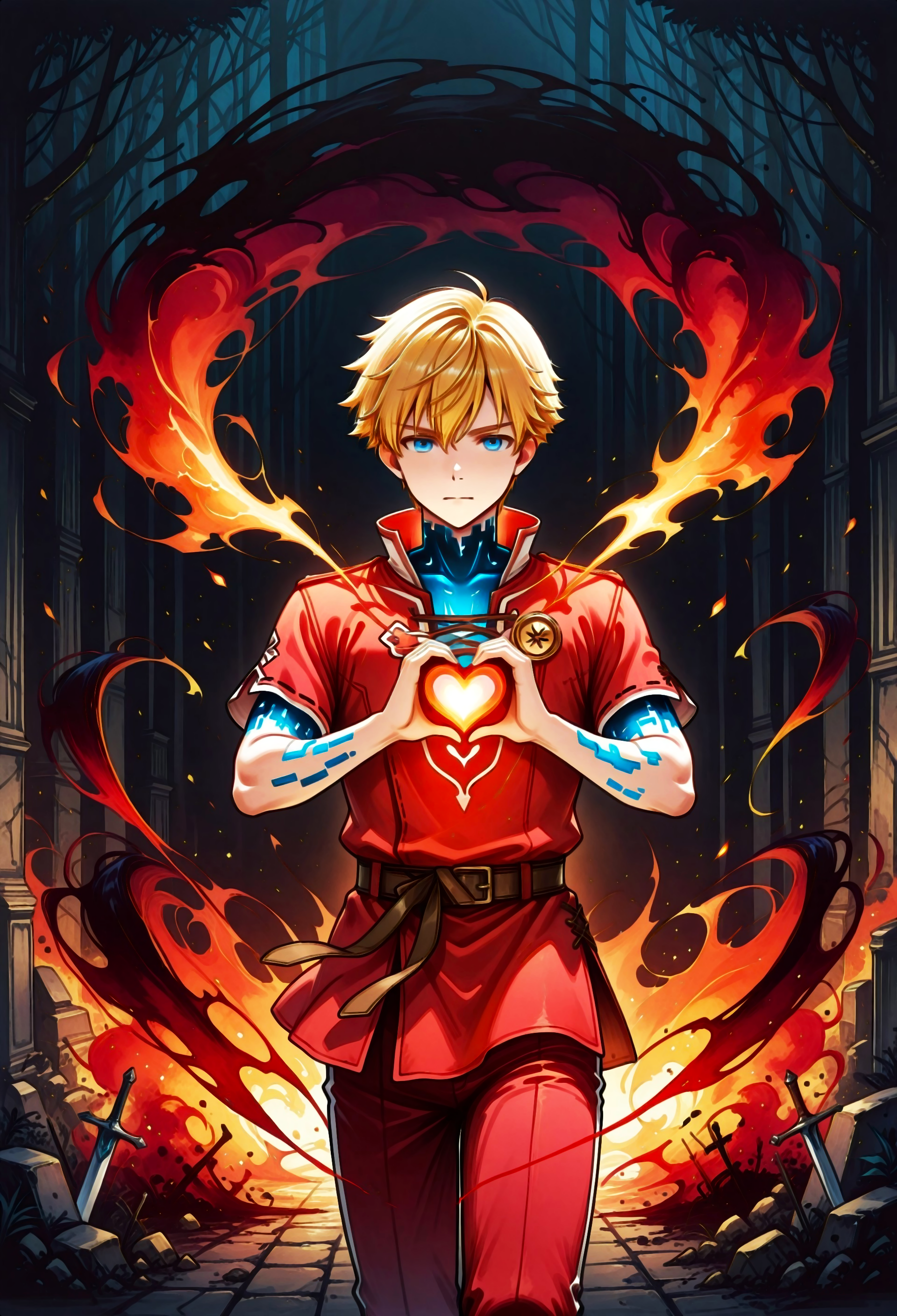 (masterpiece: 1.2), (best quality: 1.2), very aesthetic, 4k,digital art,w4tercol0r, watercolor,painting,landscape,traditional media, dynamic pose, vivid color, deep colors,dramatic lighting,(warm tones: 1.4), intricate details, thick contours, volumetric shadows, 1 boy, solo,blonde hair, short hair,blue eyes,(brave look: 1.2),red tunic,red pants,holding a heart in his hands,(shining heart: 1.3),hands on his chest,(The boy dissolves: 1.3),ash,The dark abyss,(absorbing darkness: 1.4),(dark background: 1.4)
