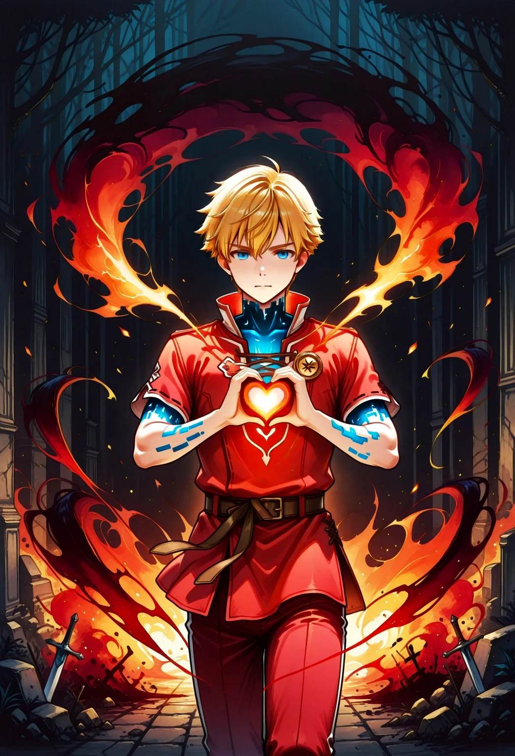 (masterpiece: 1.2), (best quality: 1.2), very aesthetic, 4k,digital art,w4tercol0r, watercolor,painting,landscape,traditional media, dynamic pose, vivid color, deep colors,dramatic lighting,(warm tones: 1.4), intricate details, thick contours, volumetric shadows, 1 boy, solo,blonde hair, short hair,blue eyes,(brave look: 1.2),red tunic,red pants,holding a heart in his hands,(shining heart: 1.3),hands on his chest,(The boy dissolves: 1.3),ash,The dark abyss,(absorbing darkness: 1.4),(dark background: 1.4)