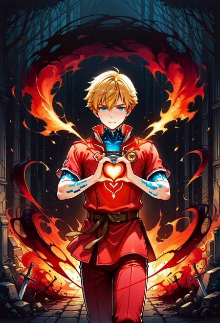 (masterpiece: 1.2), (best quality: 1.2), very aesthetic, 4k,digital art,w4tercol0r, watercolor,painting,landscape,traditional media, dynamic pose, vivid color, deep colors,dramatic lighting,(warm tones: 1.4), intricate details, thick contours, volumetric shadows, 1 boy, solo,blonde hair, short hair,blue eyes,(brave look: 1.2),red tunic,red pants,holding a heart in his hands,(shining heart: 1.3),hands on his chest,(The boy dissolves: 1.3),ash,The dark abyss,(absorbing darkness: 1.4),(dark background: 1.4)