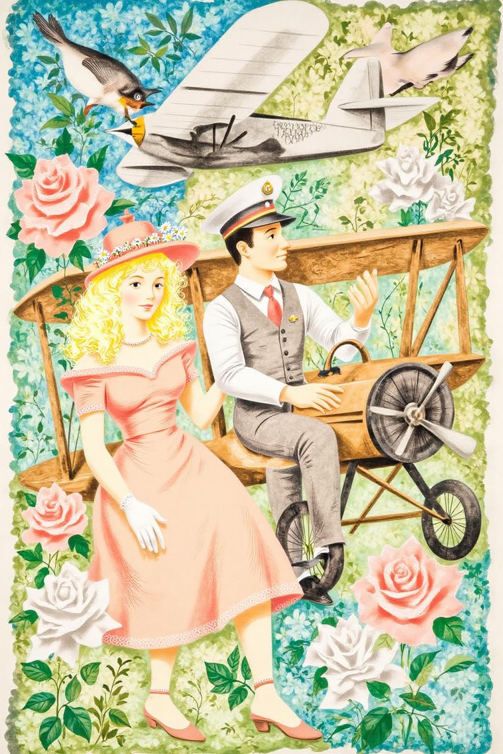 leowe1 illustration.
A romantic scene of a couple on a vintage biplane. The woman, in the foreground, is a stylish woman with curly blonde hair adorned with a flower garland and wearing a light, flowing, peach-colored dress with a wide belt, a matching hat, and gloves. The man is piloting the biplane with his hands firmly on the steering wheel. <lora:gwonder1_cap_d6a3e15:1.0><lora:826577408565060197:0>