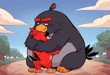 angry birds, score_9, score_8_up, score_7_up, score_6_up, score_5_up, score_4_up, source_furry, hi res, sfw. 2D artwork, duo
Character A: red_bird, red plumage, robust body, black eyebrows, thick eyebrows, small beak, brown eyes, round body, red head tuft, tail feathers, feathered hands, winged arms, under-eye circles, bird, short legs, avian feet
Character B: bomb_bird, black avian, black plumage, large size, spherical body, grey belly, chubby, beak, head tuft, red eyebrows, short beak, large beak, feathered hands, winged arms, stubby legs, small eyes
Pose: hug, hugging, size difference, Character A hugging Character B, hugging each other, Bomb hugging Red, Red&Bomb, Bomb&Red
On a park, blue sky, clouds.