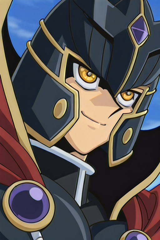 1boy, 
 <lora:supreme_kinh:1> Supre2meGXKing,black helmet, black armor,red cape, yellow eyes, happy, smile,