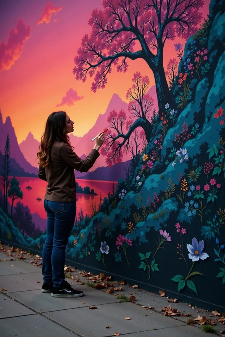 a woman making a graffiti on a wall beautiful  landscape, dusk, woman, very intricate, very detailed, sharp, bright, colorful, <lora:Hand v2:0.5> <lora:Anti-Blur:1><lora:Insane Detail Slider:0.25>  <lora:flux.1_lora_flyway_Epic-detail_v2:0.3> <lora:fluxenhancer:0.25> <lora:ROWER:0.8>  <lora:Anime art - Variant 2:0.6>