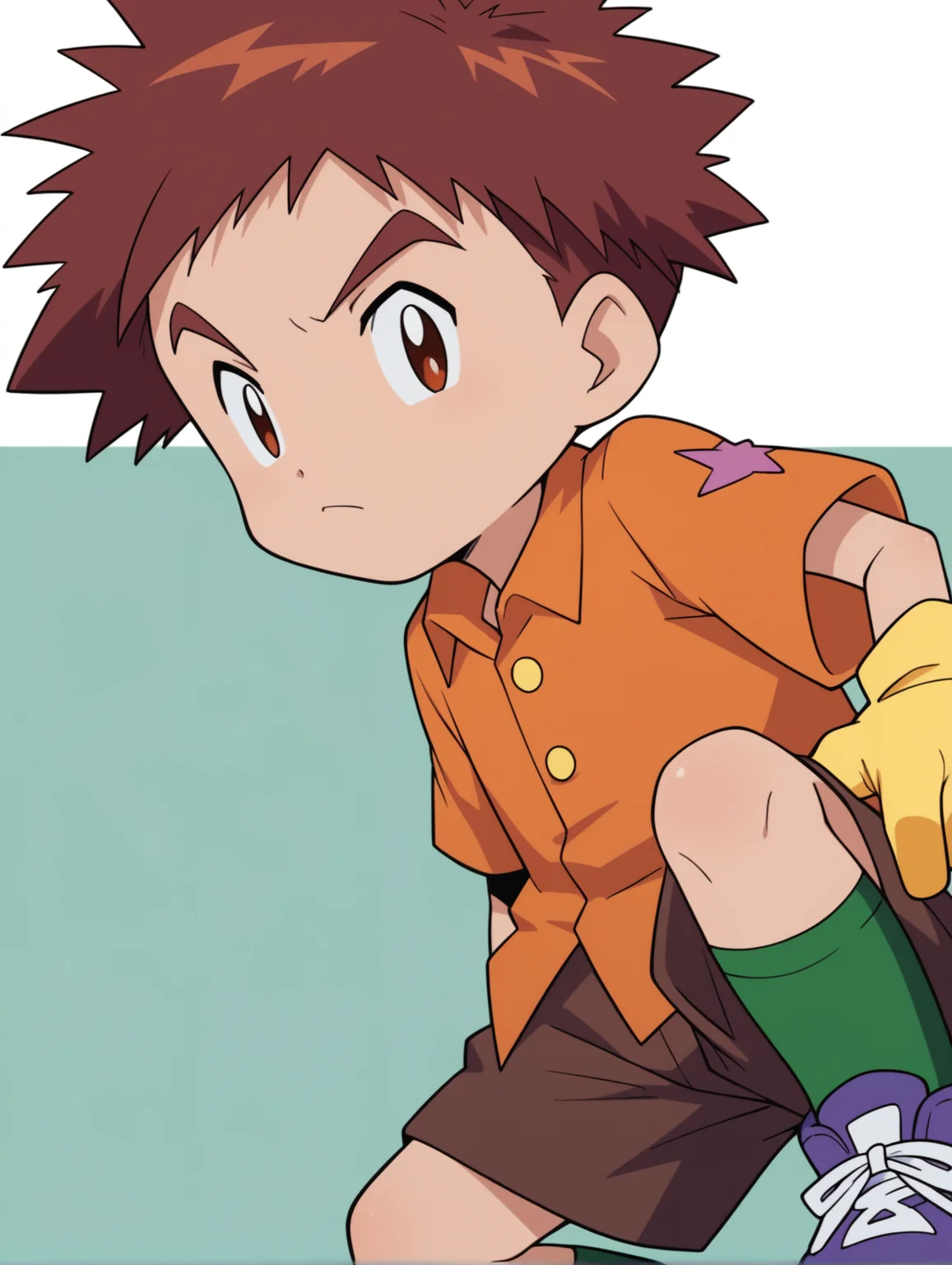 score_9, score_8_up, score_7_up, score_6_up, score_5_up, score_4_up, source_anime, BREAK
looking at viewer, <lora:Digimon:0.8> digimon, 1boy, solo, koshiro, brown hair, short hair, brown eyes, spiked hair, orange button-up shirt, brown shorts, yellow gloves, green socks, purple sneakers,