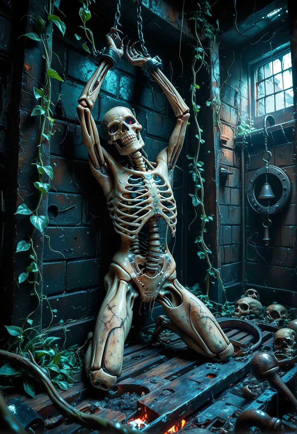 SmoothNoob_Quality, horror \(theme\), a prison cell in a dark dungeon, underground, torture instruments, chains, skeleton, post-apocalypse, abandoned, vines, dynamic angle, no humans,head tilt, open mouth, dead, static, bound wrists, against wall, arms up,
<lora:Smooth_Booster:0.5> <lora:Kyu_Yong_Eom_Style_-_Illustrious:0.5>