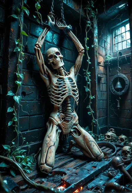 SmoothNoob_Quality, horror \(theme\), a  prison cell in a dark dungeon, underground, torture instruments, chains, skeleton, post-apocalypse, abandoned, vines, dynamic angle, no humans,head tilt, open mouth, dead, static, bound wrists, against wall, arms up,
<lora:Smooth_Booster:0.5> <lora:Kyu_Yong_Eom_Style_-_Illustrious:0.5>