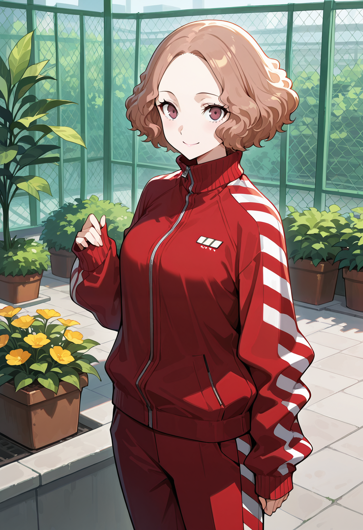 (masterwork, masterpiece, best quality, hyper-detailed),
1 girl, solo, 
p5haru, brown hair, short hair, wavy hair,
p5haru-track, track suit, red jacket, red pants, stripes, striped sleeves, sleeves past wrists, long sleeves, zipper, striped pants, white footwear, sneakers, 
outdoors, rooftop garden, planter boxes, flower pots, greenery, houseplants, looking at viewer, smile, cowboy shot,