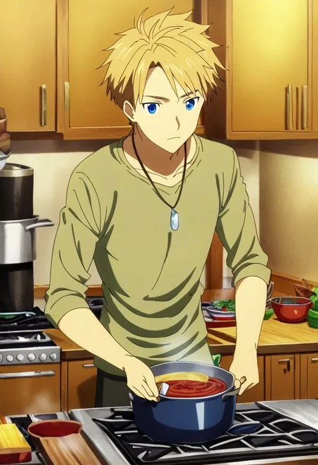 high resolution, professional photography, solo, best quality, 1Boy, Yamato Ishida, Blond Hair, Deep Blue Eyes, Necklace, cooking, kitchen, OverallDetail