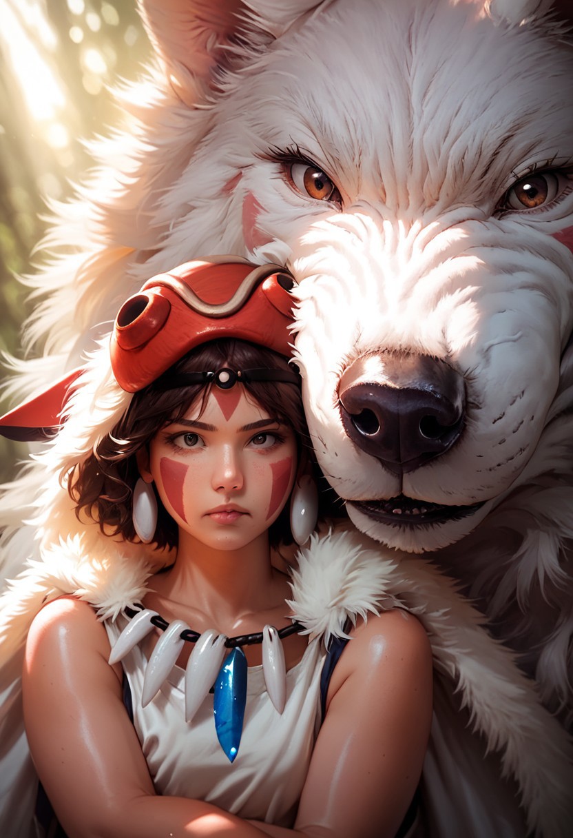 score_9, score_8_up, score_7_up,  1girl, San(/Princess Mononoke)/,(ultra HD quality details), pale skin, brown hair, facepaint, brown eyes, short hair, mask on head,
shiny skin, eye contact, fur cape, crystal necklace, sleeveless_shirt,
tilted angle, moody lighting, p3tl0v3, white wolf, hugging white wolf, dim lighting, medieval fantasy, perfect quality, high quality, photorealistic, sitting BREAK orange and blue hue, (abstract:0.2), expressiveH