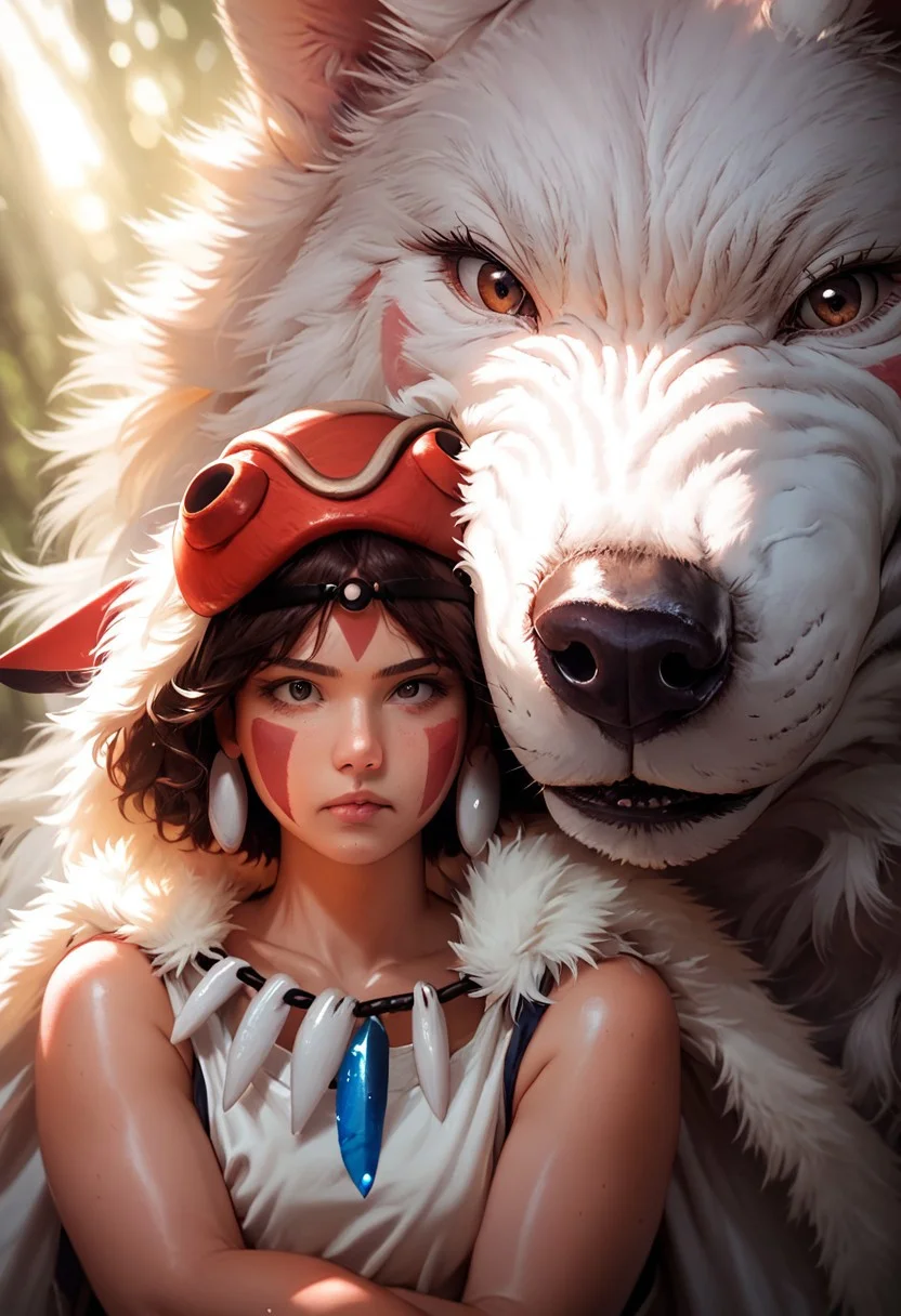 score_9, score_8_up, score_7_up, 1girl, San(/Princess Mononoke)/,(ultra HD quality details), pale skin, brown hair, facepaint, brown eyes, short hair, mask on head,
shiny skin, eye contact, fur cape, crystal necklace, sleeveless_shirt,
tilted angle, moody lighting, p3tl0v3, white wolf, hugging white wolf, dim lighting, medieval fantasy, perfect quality, high quality, photorealistic, sitting BREAK orange and blue hue, (abstract:0.2), expressiveH