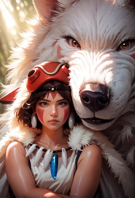 score_9, score_8_up, score_7_up, 1girl, San(/Princess Mononoke)/,(ultra HD quality details), pale skin, brown hair, facepaint, brown eyes, short hair, mask on head,
shiny skin, eye contact, fur cape, crystal necklace, sleeveless_shirt,
tilted angle, moody lighting, p3tl0v3, white wolf, hugging white wolf, dim lighting, medieval fantasy, perfect quality, high quality, photorealistic, sitting BREAK orange and blue hue, (abstract:0.2), expressiveH