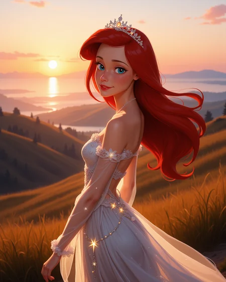 photorealistic photo in a wide shot, looking at viewer, outdoors daylight, 20 year old woman, Reassured with a soft smile, relaxed eyes, and a subtle sigh of relief.
<lora:Disney_-_Ariel_v2-000030:1> d-ariel a 20 year old adult woman with blue eyes and red hair.
a radiant woman with luminous red hair styled in soft waves, wearing a shimmering silver-white gown with translucent long sleeves, glowing star-like motifs along the hem, delicate tiara,
A woman stands at the top of a hill at dawn, watching as the first rays of sunlight begin to paint the sky in shades of pink and gold, feeling the crisp morning air on her face.
