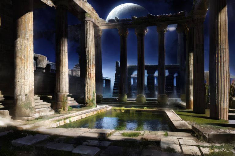 highly insanely detailed, masterpiece, top quality, best quality, highres, 4k, 8k, RAW photo, (very aesthetic, beautiful and aesthetic),  
Ancient Roman Interior Design,RomInt,functional_design,open_air_light, 
<lora:RomanInterior-10:1>, 
(1girl:1.3), 
1other, 
, 
very long hair,mid fade hair, 
, 
night,cold full moon,crescent moon,crescent,shattered_moon,half_moon,Village,Valley,royal_tombs,massive_dam_structure,ancient_temple_complex,Neolithic_architecture,waterfront_location,hypostyle_hall, 
,âââ