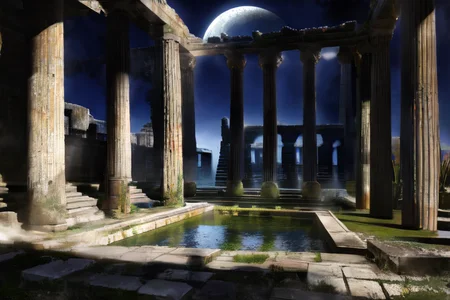 highly insanely detailed, masterpiece, top quality, best quality, highres, 4k, 8k, RAW photo, (very aesthetic, beautiful and aesthetic),
Ancient Roman Interior Design,RomInt,functional_design,open_air_light,
<lora:RomanInterior-10:1>,
(1girl:1.3),
1other,
,
very long hair,mid fade hair,
,
night,cold full moon,crescent moon,crescent,shattered_moon,half_moon,Village,Valley,royal_tombs,massive_dam_structure,ancient_temple_complex,Neolithic_architecture,waterfront_location,hypostyle_hall,
,âââ