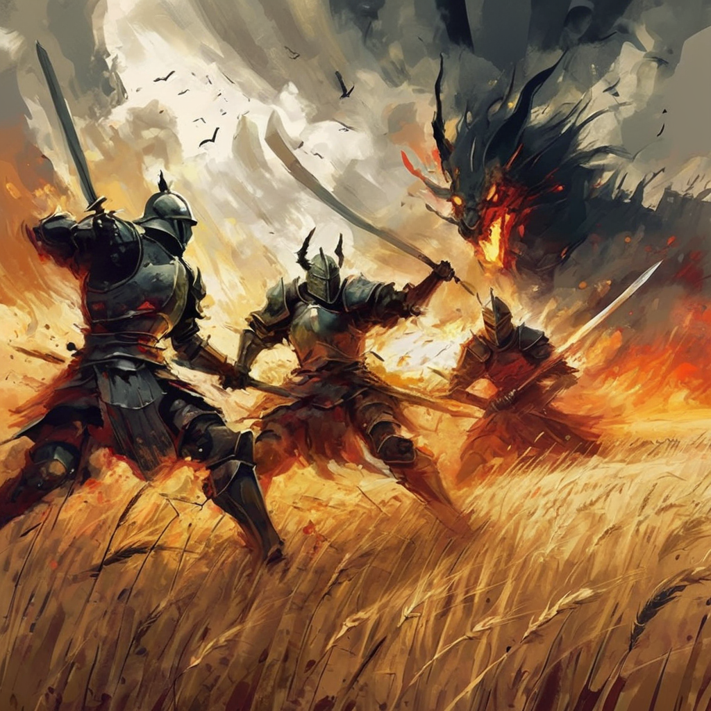 artmix06 warriors knights fighting with swords on the battlefield, in the wheat field in the background a burning castle and a dragon flying in the sky, very expressive, detailed, dark,  cinematic, very detailed<lora:artmix06:1>