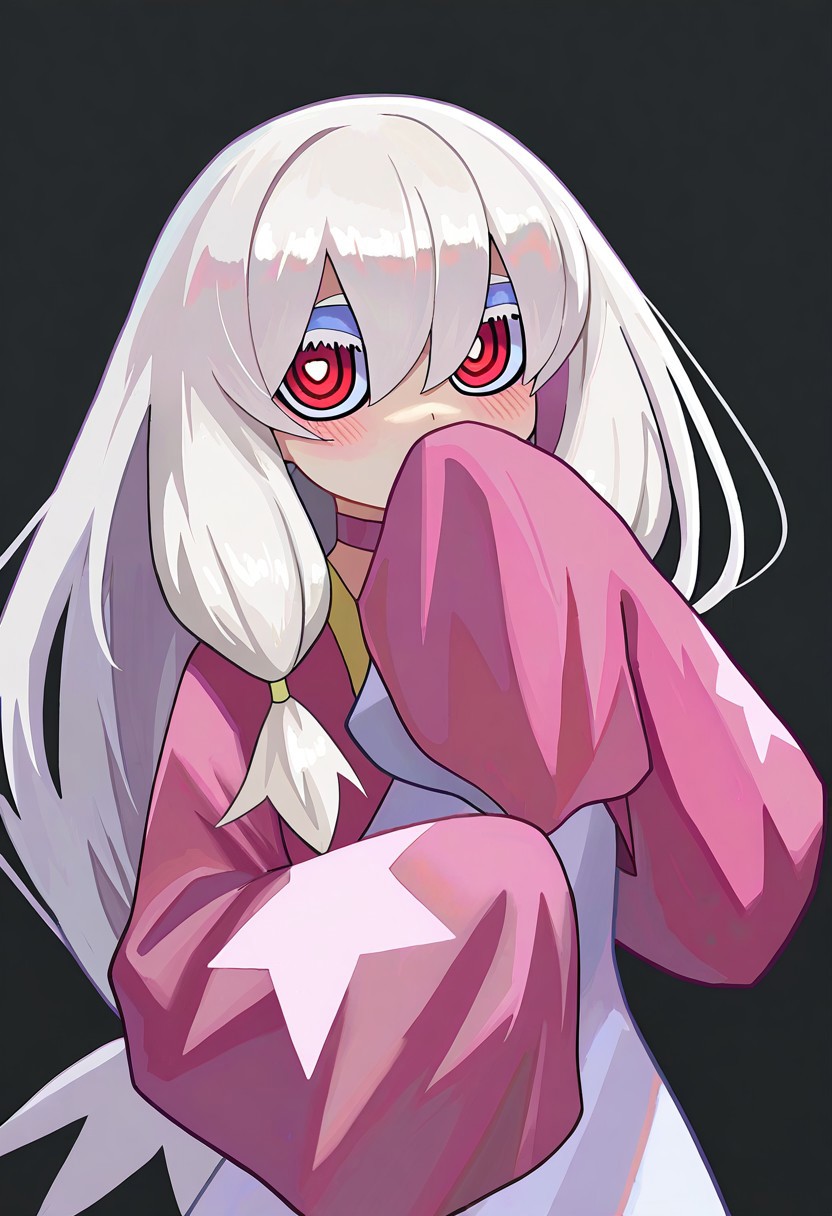 masterpiece,best quality,absurdres, amazing quality, hi res, masterpiece, best quality, detailed, amazing quality, detailed face, detailed eyes, clean eyes, best quality, highres, very aesthetic, newest, ultra-detailed, illustration, (best quality:1.1),ultra-detailed, high resolution, super detailed skin, beautiful detailed eyes, nsfw, Brightly Lit, Highly Visible, 8k, sharp focus, beautiful, perfect lighting, beautiful eyes, anatomically correct, anatomically correct face, extremely detailed eyes, smooth edges, beautiful face, symmetrical eyes, symmetrical face, 
BREAK MNSTRBLL_ST, 1girl, upper body, white hair, albino, makeup, blush, eyeshadow, pink choker, colored eyelashes, hair between eyes, hair over eyes, sidelocks, low tied hair, hair over shoulder, long hair, messy hair, long sleeves, pale skin, red eyes, detailed eyes, white sundress, simple background, black background, sleeves past wrists, sleeves past fingers, white theme, masterpiece, best quality, amazing quality, very awa, absurdres, very aesthetic