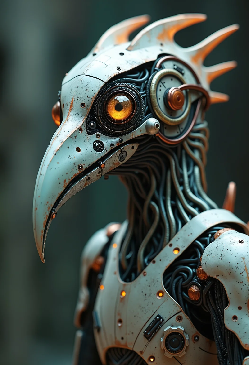 Hyper-realistic cybernetic bird creature, long curved beak, amber and metallic eyes. Intricate mechanical and organic fusion, iridescent teal scales, silver feathers. Biomechanical body, wiry tendrils, armored plates. Steampunk aesthetic, cyborg anatomy. Sharp detail, dramatic lighting, cinematic quality