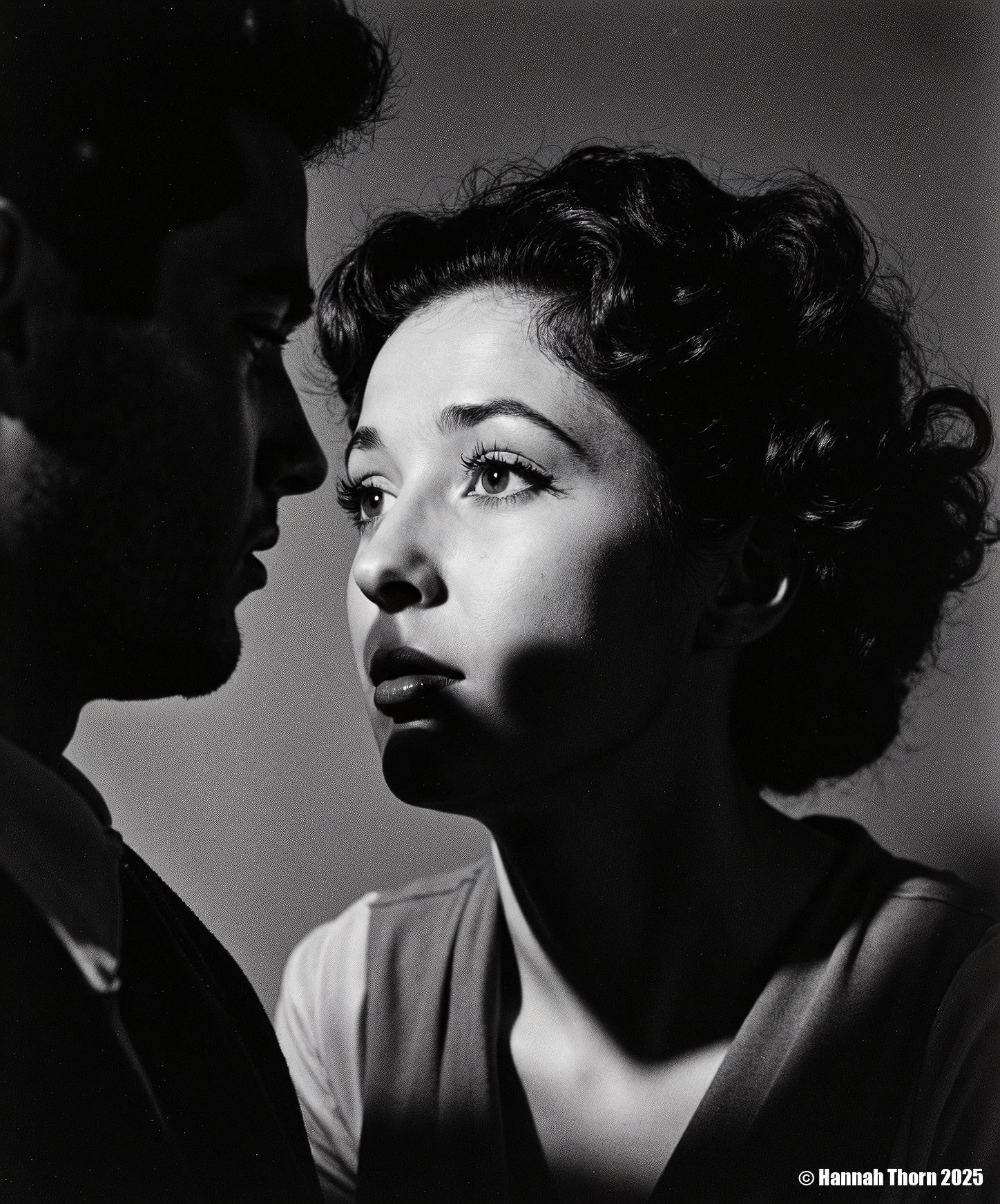 A captivating woman, her face expressing profound yearning, illuminated by a dramatic, hard, directional key light from top-left. This creates deep chiaroscuro and a delicate rim light on her dark, curly hair, reminiscent of Yousuf Karsh and classic film noir. A male figure's soft-focused silhouette intimately frames the left. Shot on a vintage Hasselblad 500CM with a Planar 80mm f/2.8 lens, wide open at f/2.8, from a low, upward perspective, yielding shallow depth of field with creamy bokeh. Composition uses strong diagonal lines and negative space, intensely focusing on her expressive eye. Post-processed with rich, high-contrast black and white, subtle cinematic grain, and a soft vignette for a timeless, realistic portrait.<lora:_Flux\_Film-Retro\Film_Noir.safetensors:0.8000000000000002:0.8000000000000002>