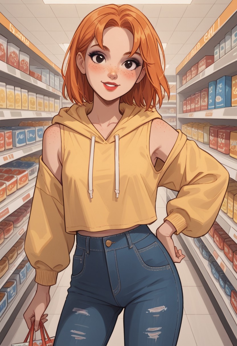 score_9, score_8_up, score_7_up, 1girl, solo, looking at viewer, saragoleadoras, (adult body:1.2), perfect eyes, slim body, small round breasts, small butt, narrow waist, narrow hips, orange hair, black eyes, face freckles, medium hair, makeup, eyeliner, lipstick, cheerful, open yellow hoodie parka, blue shorts jeans, tank top, sleeveless, walking posing, shopping center