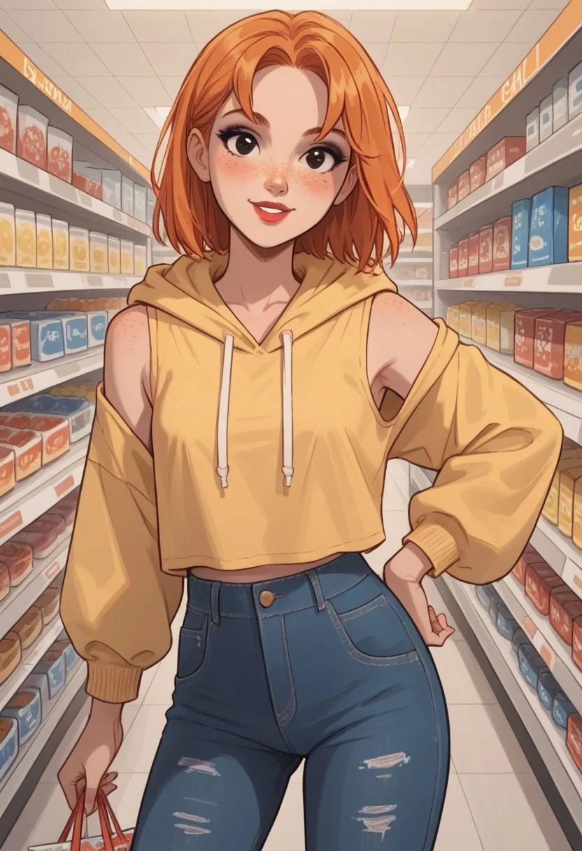 score_9, score_8_up, score_7_up, 1girl, solo, looking at viewer, saragoleadoras, (adult body:1.2), perfect eyes, slim body, small round breasts, small butt, narrow waist, narrow hips, orange hair, black eyes, face freckles, medium hair, makeup, eyeliner, lipstick, cheerful, open yellow hoodie parka, blue shorts jeans, tank top, sleeveless, walking posing, shopping center