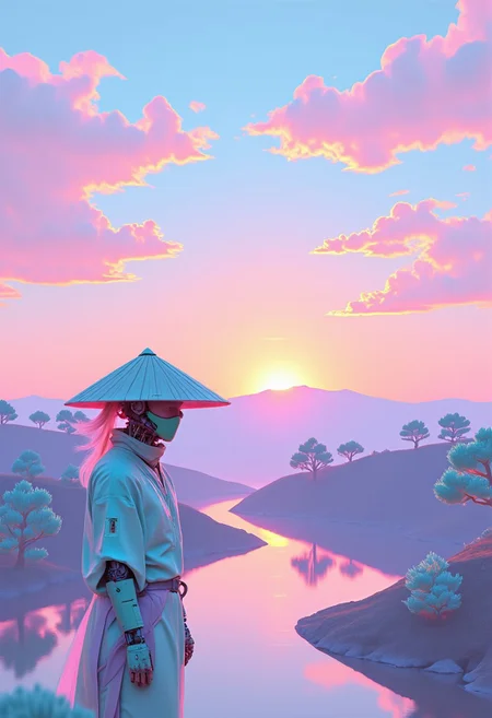 ajpasbot. A ninja wearing a rice farmer’s hat and traditional feudal Japanese attire stands before a breathtaking landscape. The rolling hills are dotted with clusters of ancient pine trees, their branches swaying in a gentle breeze. . The clouds above are thick and fluffy, swirling in shades of lavender, pale pink, and mint green, with streaks of soft yellow as the sun sets behind the distant mountains. The horizon glows with a faint orange hue, blending seamlessly into the vibrant sky.
His rice farmer’s hat, large and wide-brimmed, casts a mysterious shadow over his half-human, half-machine visage. The mechanical parts of his body gleam with fine, futuristic detailing, seamlessly integrated into his body, with neon blue and pink light subtly tracing the outlines of his limbs and torso.
The entire scene is drenched in pastel neon colors, like a pop art dreamscape. The soft, glowing pastel hues of lavender, mint, and pale coral dominate the atmosphere, with each element of the landscape reflecting and refracting these glowing colors. The sky is an ethereal wash of soft pinks and purples, while the river mirrors the surreal colors above, casting shimmering reflections of the neon glow. The ninja himself is bathed in these same pastel neon tones, making him appear both grounded in the traditional world and yet undeniably futuristic in his mechanical form.