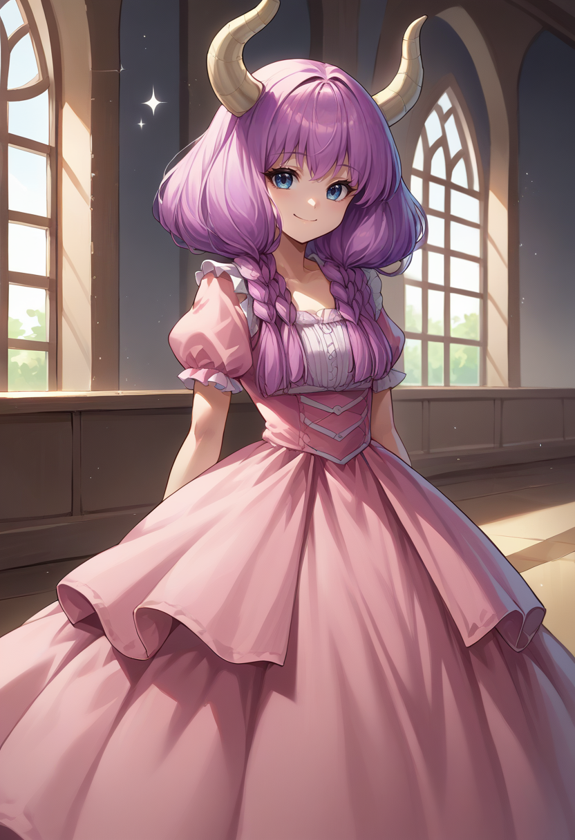 score_9, score_8_up, source_anime, 1girl, solo, AuraFrieren, purple hair, blue eyes, horns, long hair, twin braids, cute, long dress, pink dress, frills, bow, :d, sparkles, sparkling, smile, indoors, standing, <lora:ChamAuraPonyXL:1>