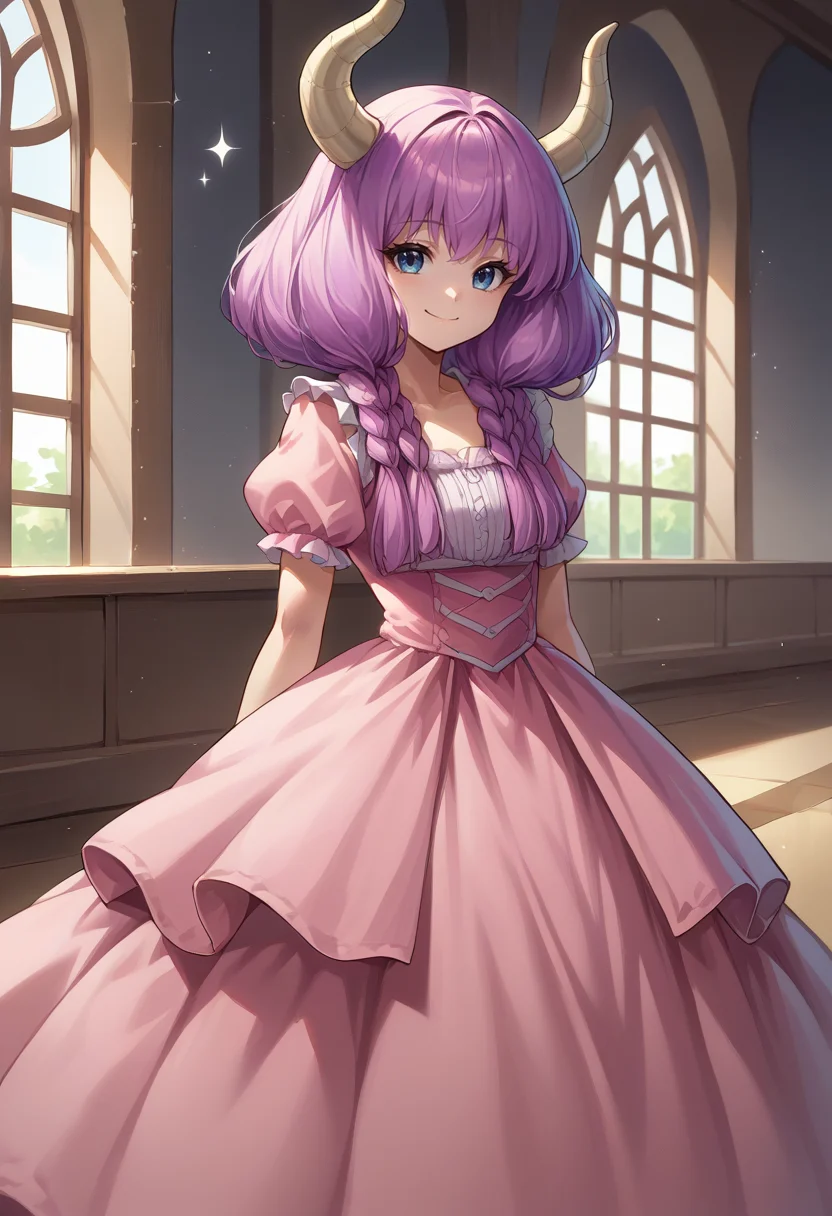 score_9, score_8_up, source_anime, 1girl, solo, AuraFrieren, purple hair, blue eyes, horns, long hair, twin braids, cute, long dress, pink dress, frills, bow, :d, sparkles, sparkling, smile, indoors, standing, <lora:ChamAuraPonyXL:1>