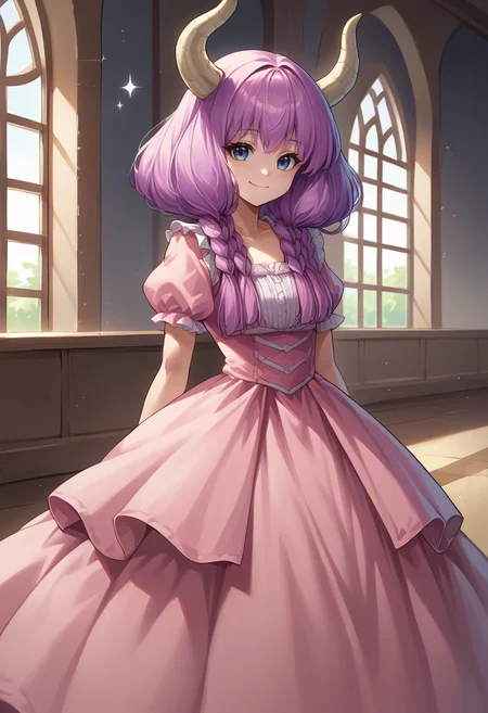 score_9, score_8_up, source_anime, 1girl, solo, AuraFrieren, purple hair, blue eyes, horns, long hair, twin braids, cute, long dress, pink dress, frills, bow, :d, sparkles, sparkling, smile, indoors, standing, <lora:ChamAuraPonyXL:1>