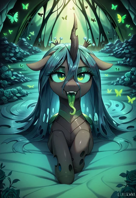 masterpiece, score_9, score_8_up, score_7_up, score_6_up, (best quality:1.1), ultra-detailed, high resolution, (solo), (1WOMAN), (ALICORN PONY), (GODDESS CHRYSALIS) ((long cerulean hair:1.2)), (highly detailed pony face:1.4), (beautiful detailed green shiny slitted eyes), (long luscious eyelashes:1.4), (detailed hair:1.5), (shiny black fur:1.5), (shiny skin:1.5), (seductive smile:1.5), (green royal regalia with holes:1.5), ((highly detailed green hive background:1.5)), (green changeling hive background:1.5) ((green butterflies all around her:1.5)), (green roses all around her:1.5), (dynamic pose:1.4), (green long tongue:1.6), (tongue out:1.5), (green blush:1.5), (laying down in green bed:1.5), high quality, sharp, the quality of ai art is frightening, highly detailed, Highly Visible, sharp focus, high detail, detailed background,