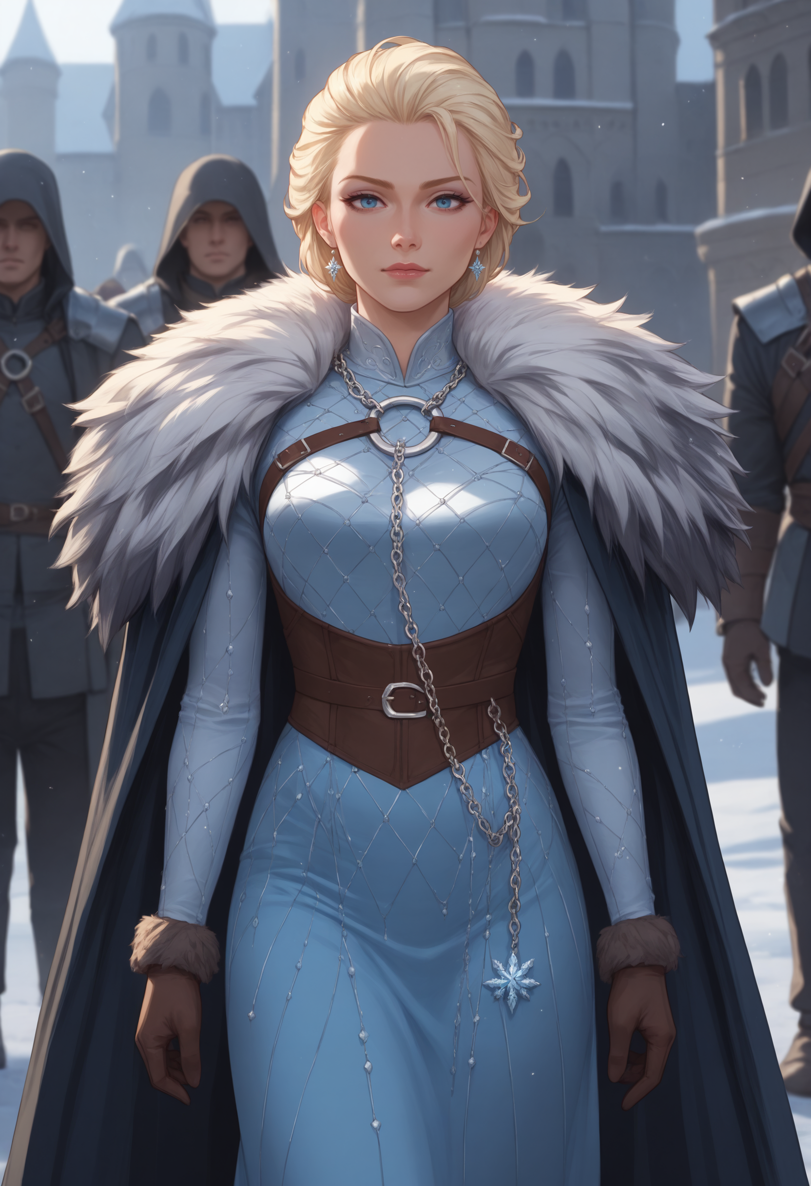 score_9, score_8_up, score_7_up, score_6_up, adult woman, elsa, L4DY ,NECKLACE CHAIN LEASH DRESS, CINCHER, HARNESS ARMOR, CLOAK, FUR TRIM ,GLOVES <lora:LOW-60-PDXL:0.9>
