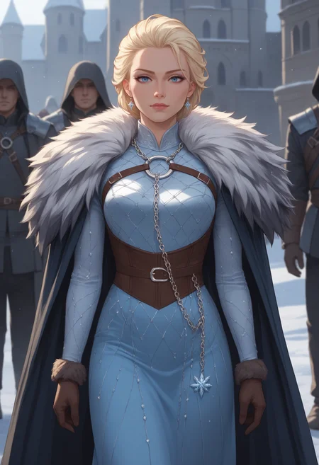 score_9, score_8_up, score_7_up, score_6_up, adult woman, elsa, L4DY ,NECKLACE CHAIN LEASH DRESS, CINCHER, HARNESS ARMOR, CLOAK, FUR TRIM ,GLOVES <lora:LOW-60-PDXL:0.9>