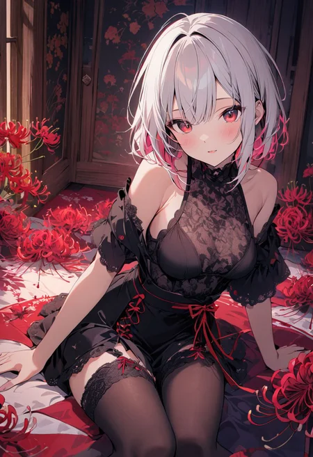 , {Japanese style Interior},  Spider Lily in background
, Side sitting, medium_breasts
,  {best quality},  {{masterpiece}}
, {highres}, {an extremely delicate and beautiful}
, original, extremely detailed wallpaper,1girl
, {COLORFUL}, {VIVID COLORS}, {VIVID}, {flat color}
, {Hand detail}, {{Correct hand structure}}
, white hair,short hair,pink Dip Dye hair
, vampire girl,grit
, (HDR), (8k), (32k), (masterpiece:1.1), (Best quality)
, (Ultra detailed red eyes), half-closed eyes,
, black Lace slit dress, (black suspender stockings)