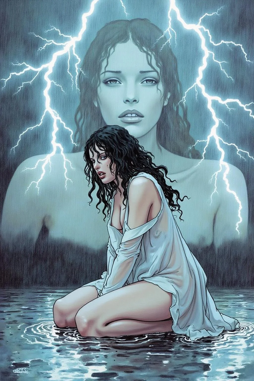itacomic1 illustration. Shot from the side, surreal, overhead shot of a dramatic cinematic scene featuring a woman with long, dark hair, kneeling on a reflective, wet surface under intense artificial rain and lightning. She wears a flowing, sheer, white dress, clinging to her as she gazes forward with an intense, almost sorrowful expression. Behind her, a massive digital screen displays a blurred, haunting image of the same woman, layered with flashes of lightning, adding a surreal, dreamlike quality. The atmosphere is intense and moody, with sharp contrasts of light and shadow, giving a mysterious and electrifying effect. <lora:itacomic_mima_fl_d4a2e8:1.0><lora:800585022403954589:0>