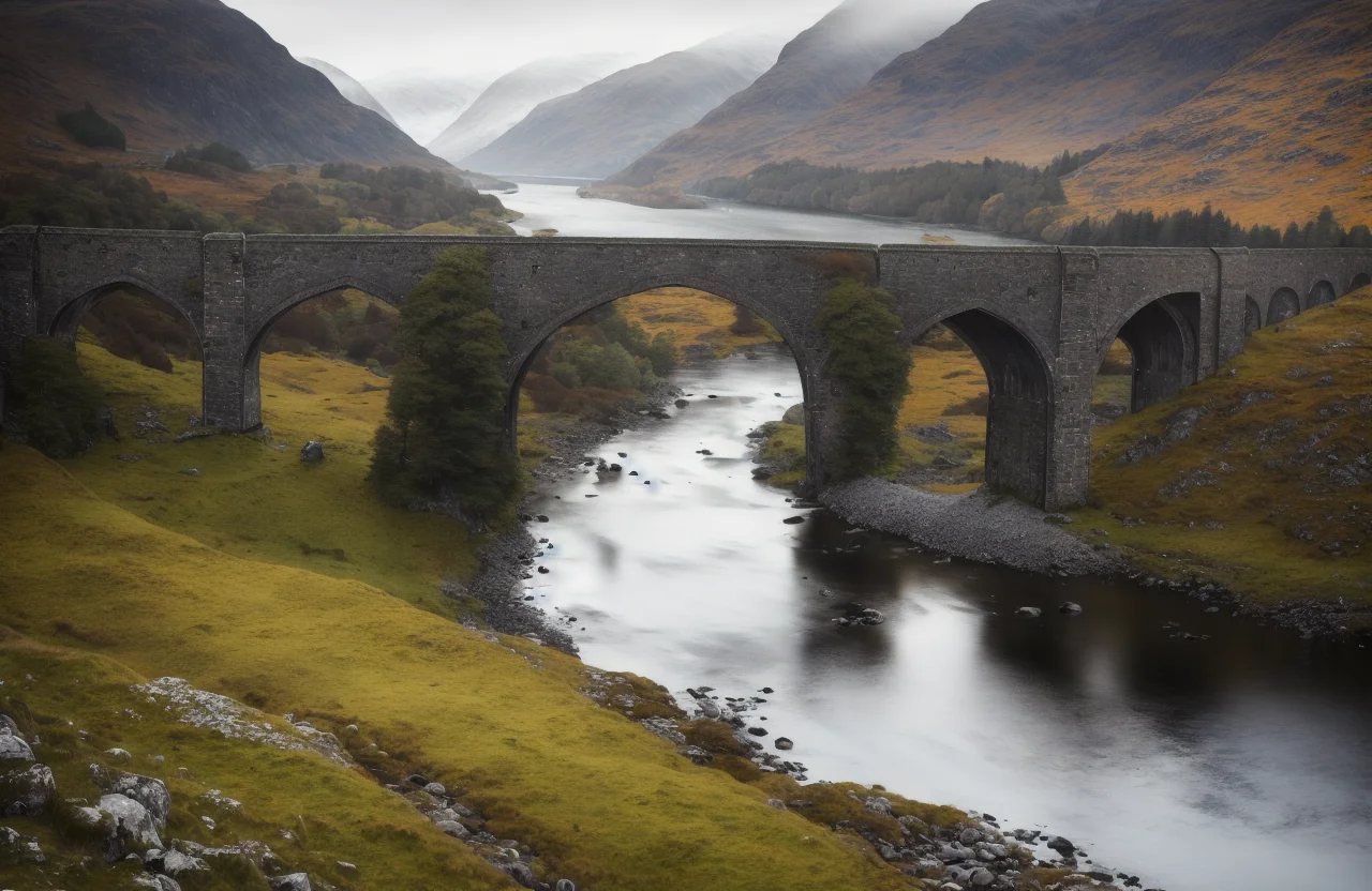 award winning photo of a beautiful landscape, Glenfinnan viaduct, Style-Kilt, iphone 12 camera lens. Cinematic lighting with volumetric rays and bloom effect in the style Greg Rutkowski! photorealistic digital art trending on Artstation 8k HD high definition detailed realistic
