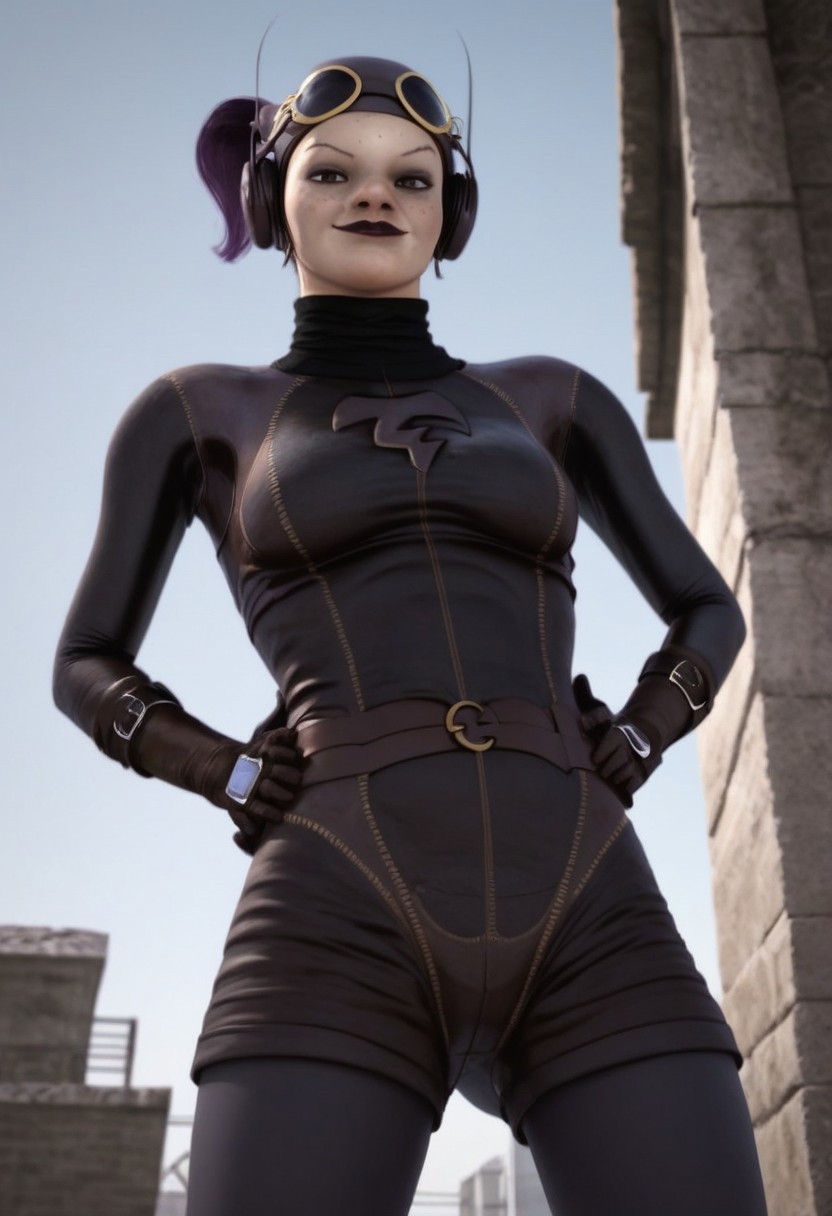 1girl, freckles, brown eyes, thin eyebrow tattoos, dark purple hair, dark lipstick, brown leather helmet, goggles on head, brown headphones, gloves, boots, turtleneck, black and brown bodysuit, realistic, score_8_up, score_7_up, BREAK, 1girl, solo, looking at viewer, cute, from below, hands on hips, head tilt, female focus, looking at viewer, detailed background, 4k, masterpiece, best quality, highly detailed, realistic, low-angle shot