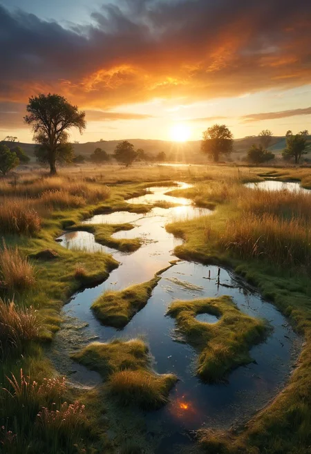 A photo of A celestial plain where the wind forms visible streams of light that weave through the grass, creating an otherworldly, glowing landscape. pond in the foreground, Earth, wind and fire