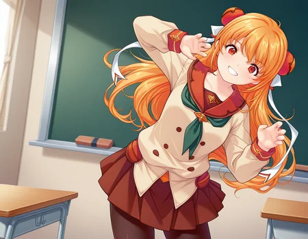 <lora:IL_manaval:1>,1girl,solo,ums_mn,Manana \(alicesoft\),bun cover,
vibrant school uniform,beige and red,orange skirt,green neckerchief,
classroom,cowboy shot,leaning to the side,teeth showing,pantyhose,claw pose,evil smile,, <lora:wai-A3-V140:1>,, masterpiece,best quality,amazing quality,very aesthetic,absurdres,