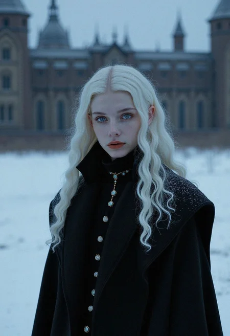magical night, Stunning beautiful, masterpiece, best quality, extremely detailed photo, super realistic photo, dramatic photo, spiritual, magical mysterious atmosphere, Halloween, creepy vampire, beautiful vampire girl, girl 25 years old, front view, white long hair, slightly curly hair, hair fluttering in the wind, cute facial features, white eyelashes, white eyebrows, blue eyes, feminine face, long black coat, vintage style, pale skin, vampire, black straight cut coat, snow on the shoulders, winter, snow falling, field in snow, vampire walking through snowdrifts, vampire knee-deep in snow, medieval castle in the background, haunted castle, a luxurious suit made of expensive fabrics, thick fabrics in clothes, winter, twilight, pale skin, night, snow, wind, cold, creepy atmosphere, photo for fashion magazine, photo in vanity fair style, masterpiece, detailed, best quality, highly detailed portrait, high quality, 34K uhd, masterpiece, high detail, 8k