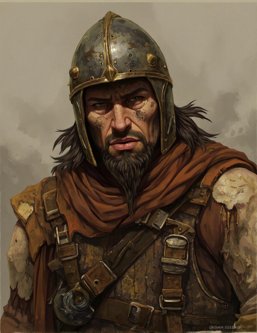 <lora:ck-LttleGhost-000011.safetensors:1> in the style of ck-lttlegh0stA grizzled warrior, aged 30s-40s, with a Mediterranean/Northern European complexion, stands before us. His face is caked in grime, reflecting years of hardship. He wears a battered metal helmet and tattered, creased attire that reveals worn leather armor beneath. The muted palette is dominated by earthy tones like umber, sienna, and terracotta.