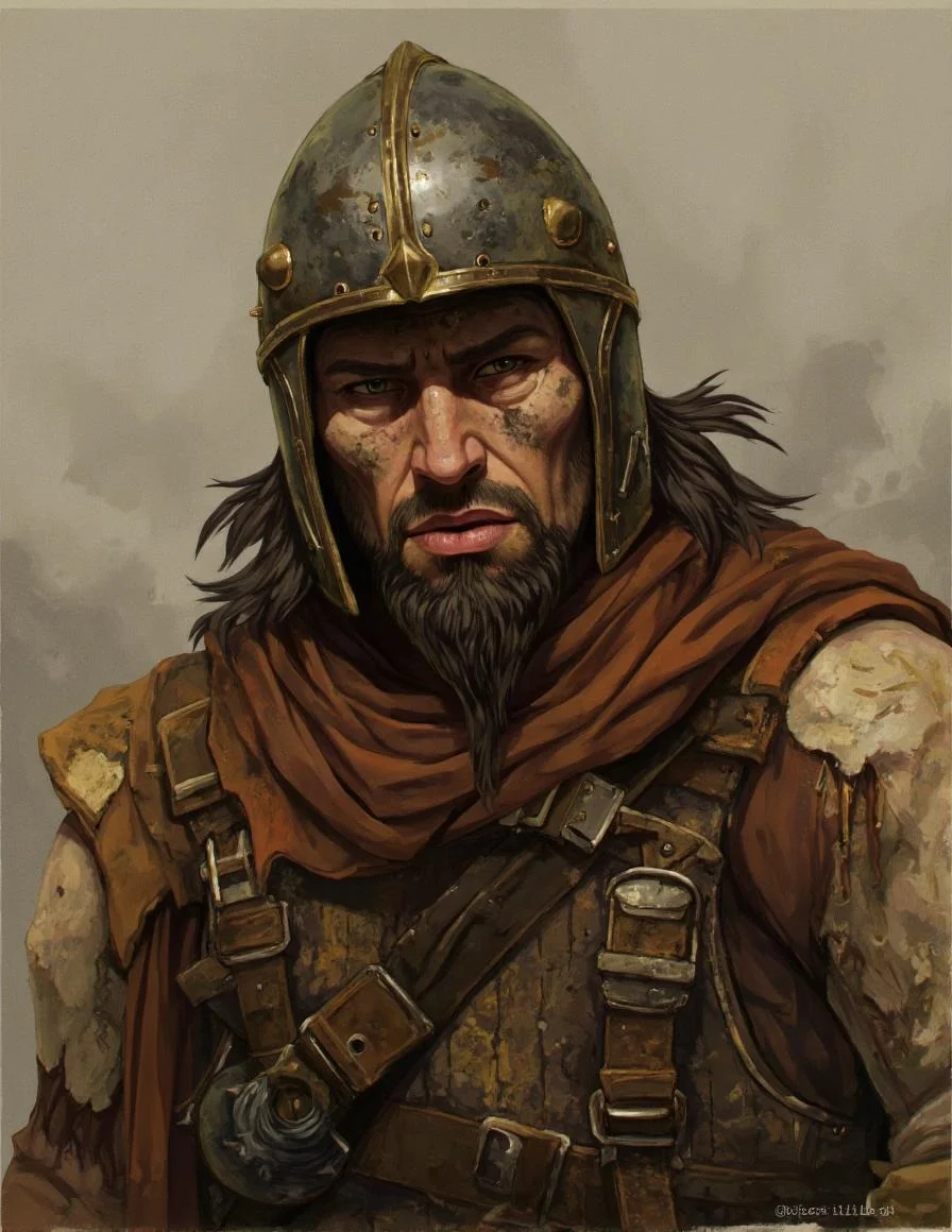 <lora:ck-LttleGhost-000011.safetensors:1> in the style of ck-lttlegh0stA grizzled warrior, aged 30s-40s, with a Mediterranean/Northern European complexion, stands before us. His face is caked in grime, reflecting years of hardship. He wears a battered metal helmet and tattered, creased attire that reveals worn leather armor beneath. The muted palette is dominated by earthy tones like umber, sienna, and terracotta.