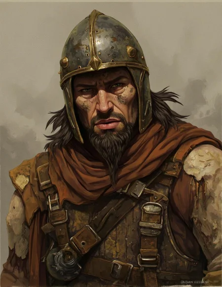 <lora:ck-LttleGhost-000011.safetensors:1> in the style of ck-lttlegh0stA grizzled warrior, aged 30s-40s, with a Mediterranean/Northern European complexion, stands before us. His face is caked in grime, reflecting years of hardship. He wears a battered metal helmet and tattered, creased attire that reveals worn leather armor beneath. The muted palette is dominated by earthy tones like umber, sienna, and terracotta.