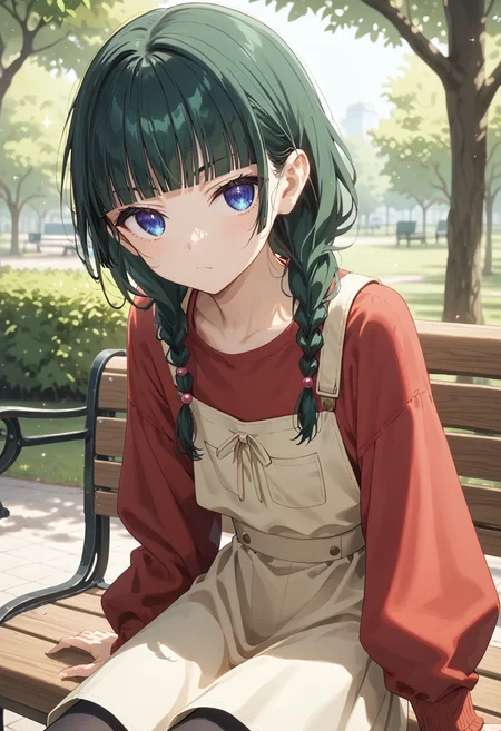 (zPDXL3), score_9, score_8_up, score_7_up,
maomao, 1girl, solo, petite, close up, glamor shot, wistful, looking at viewer, sitting, low braids,
park, bench, tree,
<lora:salopette_pony_V1.0:1> salopette, overall skirt, red top, long sleeves
blue eyes, dark green hair, hair beads, blunt bangs,
<lora:maomao_ponyxl_v1:0.2:1>,<lora:Body Type_alpha1.0_rank4_noxattn_last:1>