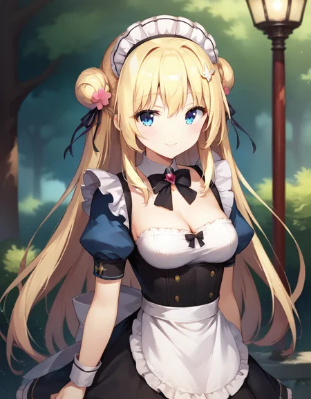 score_9,score_8_up,score_7_up,score_6_up BREAK official art,solo,outdoors,smile,upper body,(portrait:1.5),looking at viewer,facing viewer,Komari Yui,maid headdress,blonde hair,very long hair,double bun,hair flower,hair ornament,frills,sidelocks,bangs,blue eyes,maid,black bow,puffy detached sleeves,long sleeves,cleavage,small breasts,skirt,zettai ryouiki,black thighhighs,loafers,<lora:Komari Yui(ksak)-Pony>,<lora:Smooth Anime Style LoRA XL:0.8>,